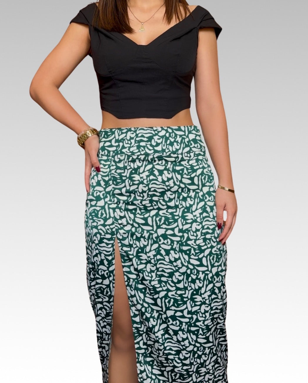 Falda Satin - Print verde